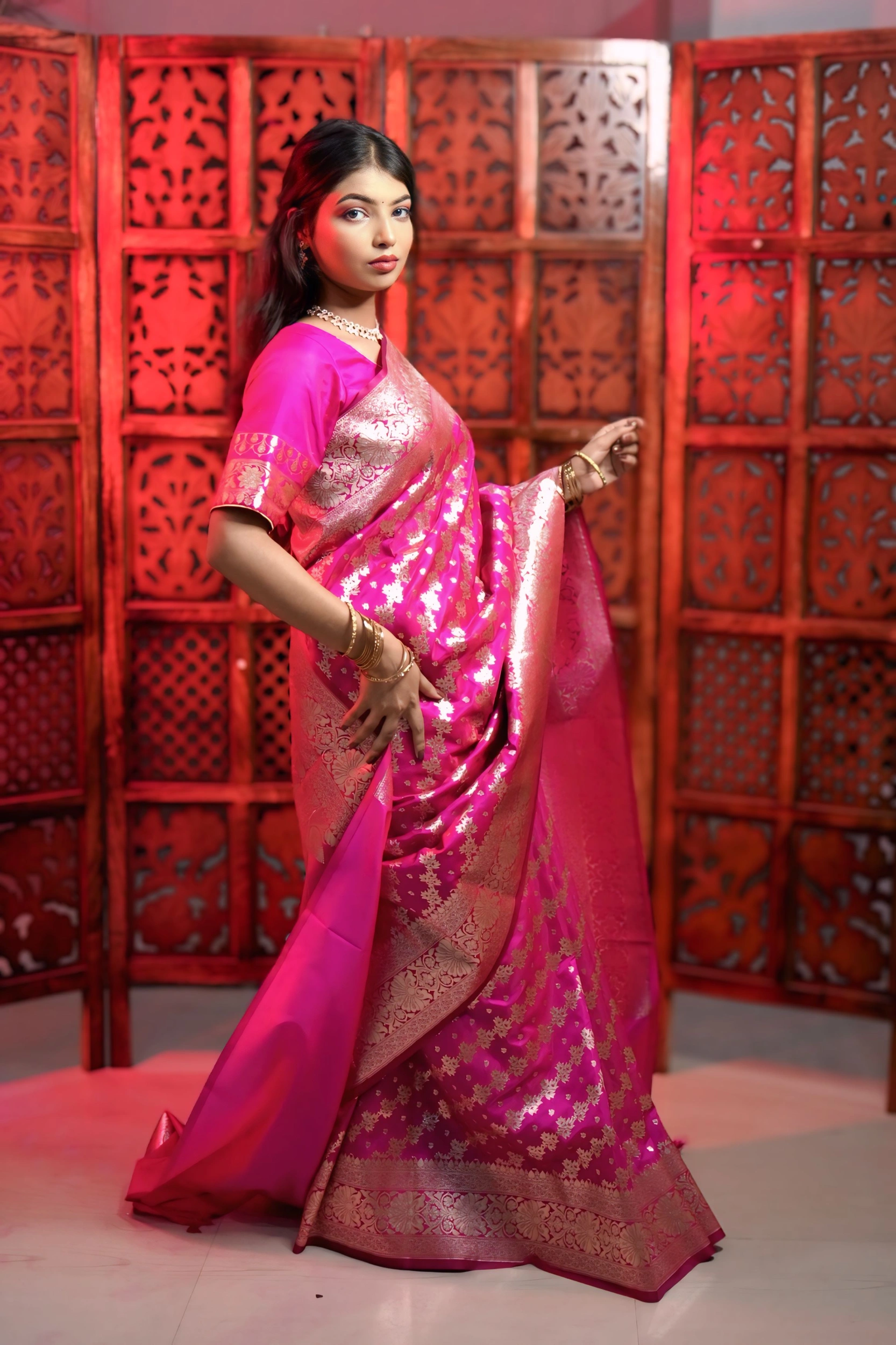 TanaBana Fashion Edit - Rani Pink Banarasi Silk Saree with Silver Zari Weaving